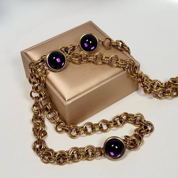VTG Chunky Long Chain Necklace Three Stone Cabochon Amethyst 18K Gold Plated - Picture 10 of 10